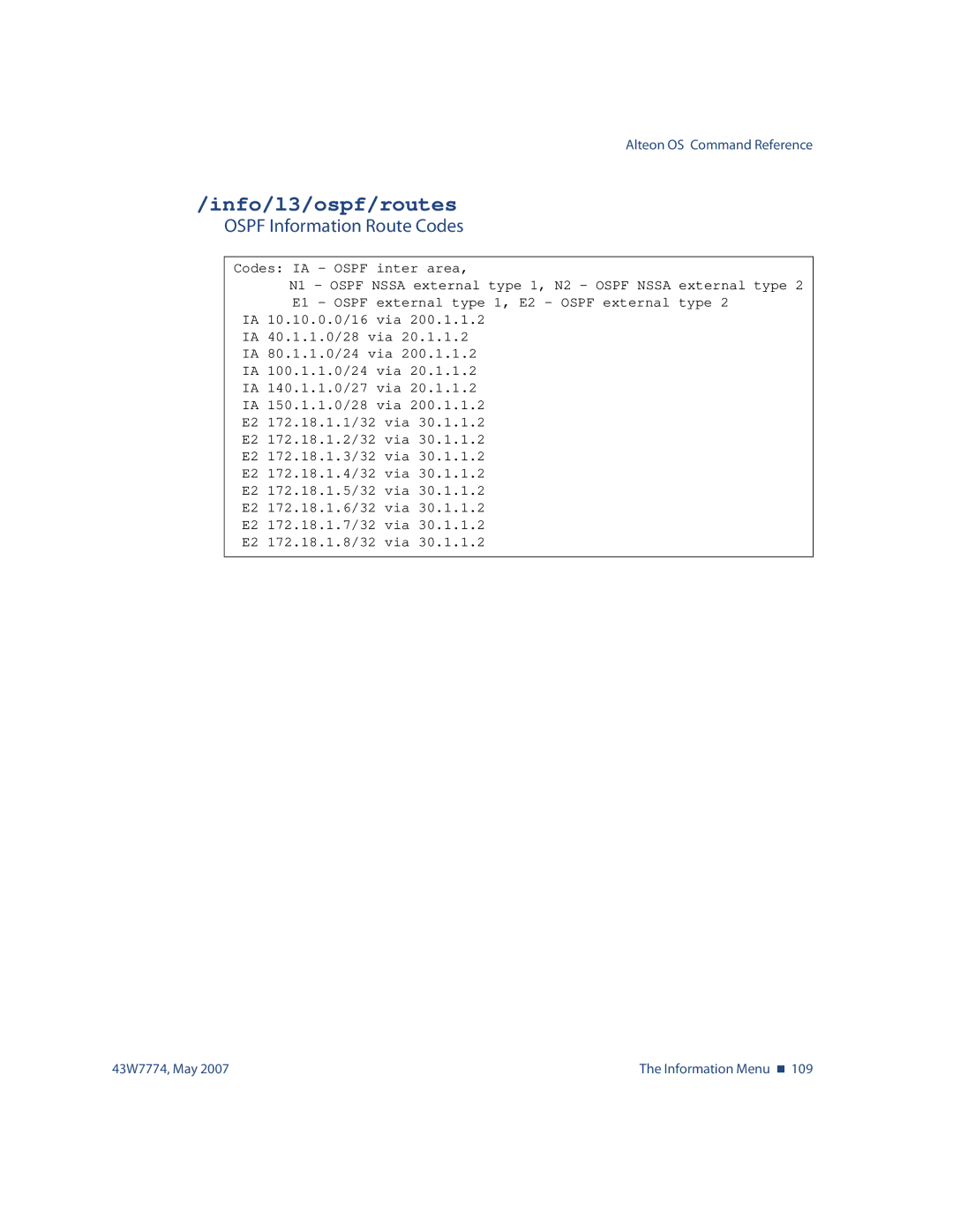 Nortel Networks 43W7774 manual Info/l3/ospf/routes, Ospf Information Route Codes 