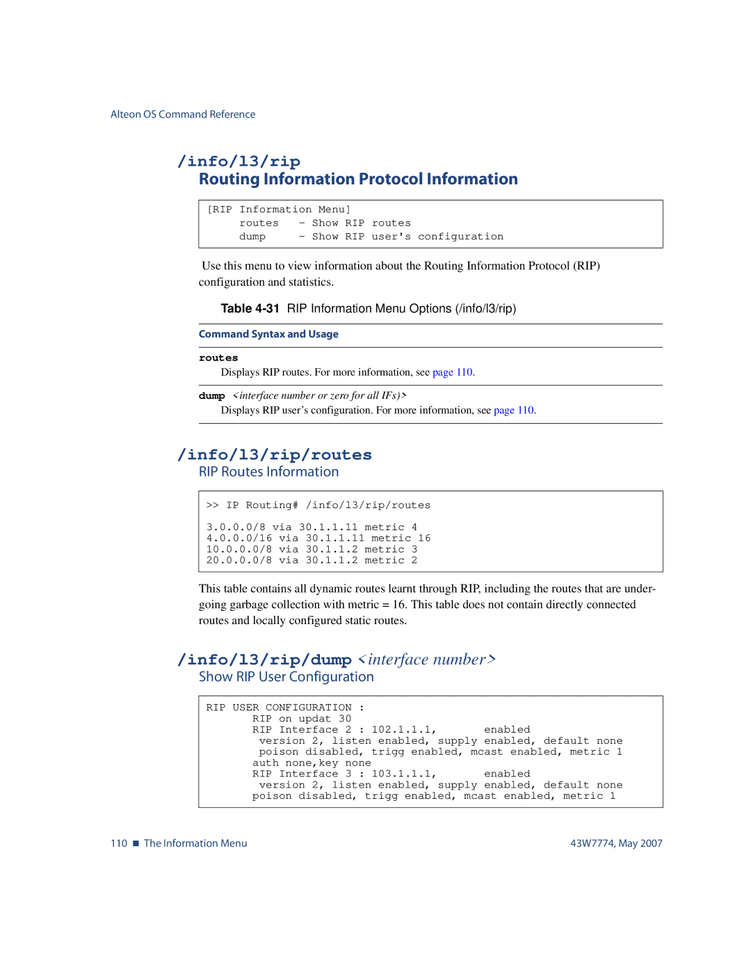 Nortel Networks 43W7774 manual Routing Information Protocol Information, Info/l3/rip/routes 