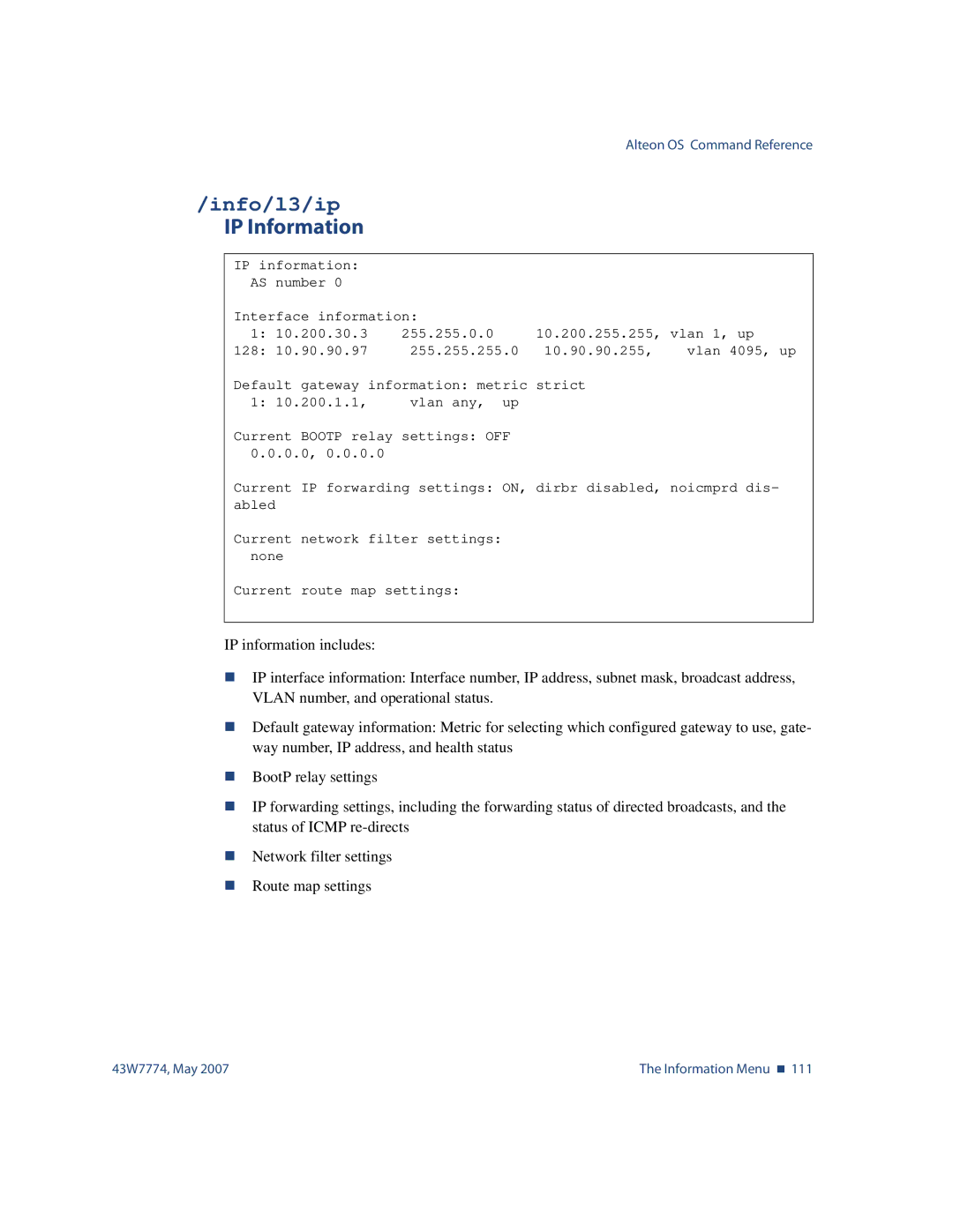 Nortel Networks 43W7774 manual Info/l3/ip, IP Information 