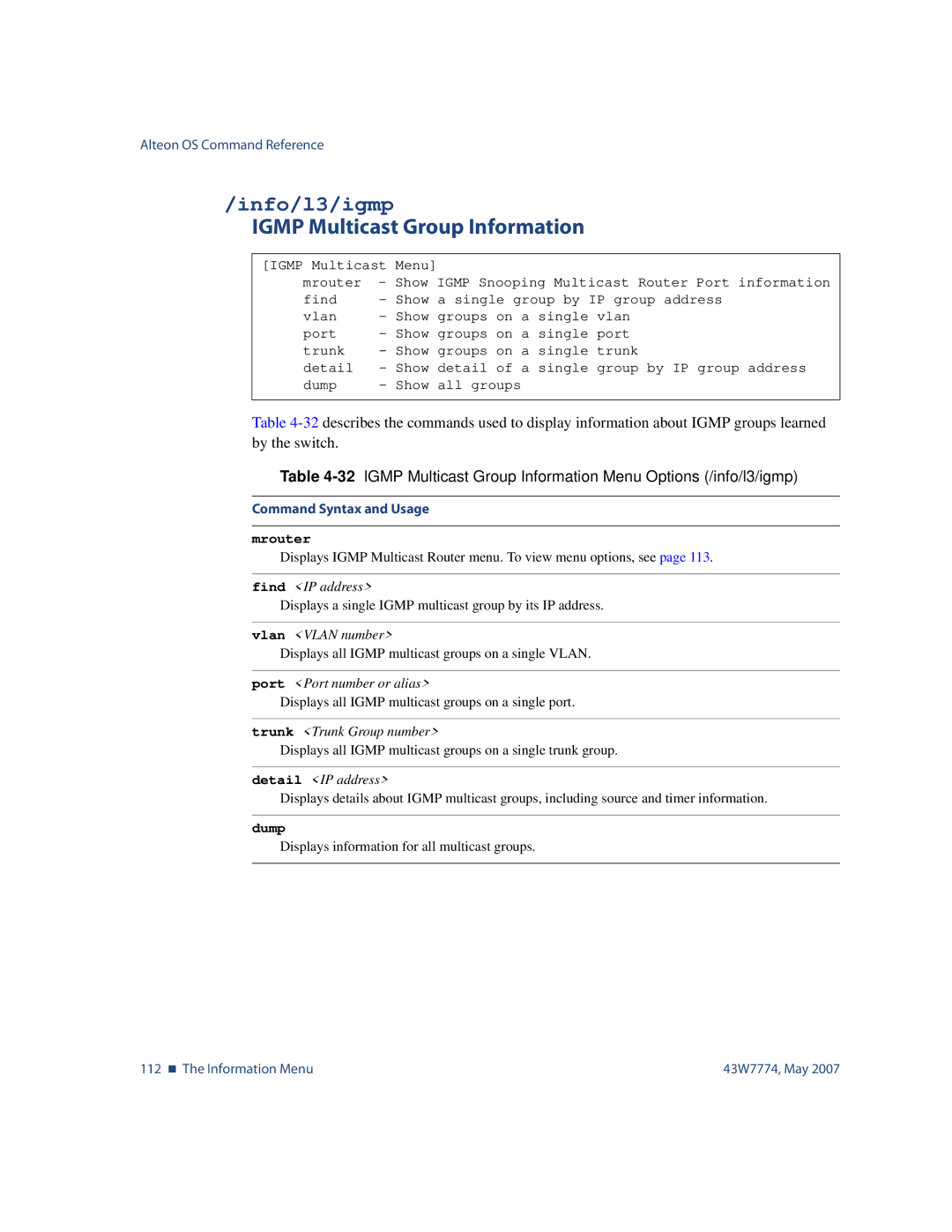 Nortel Networks 43W7774 manual Info/l3/igmp, Igmp Multicast Group Information, Mrouter 