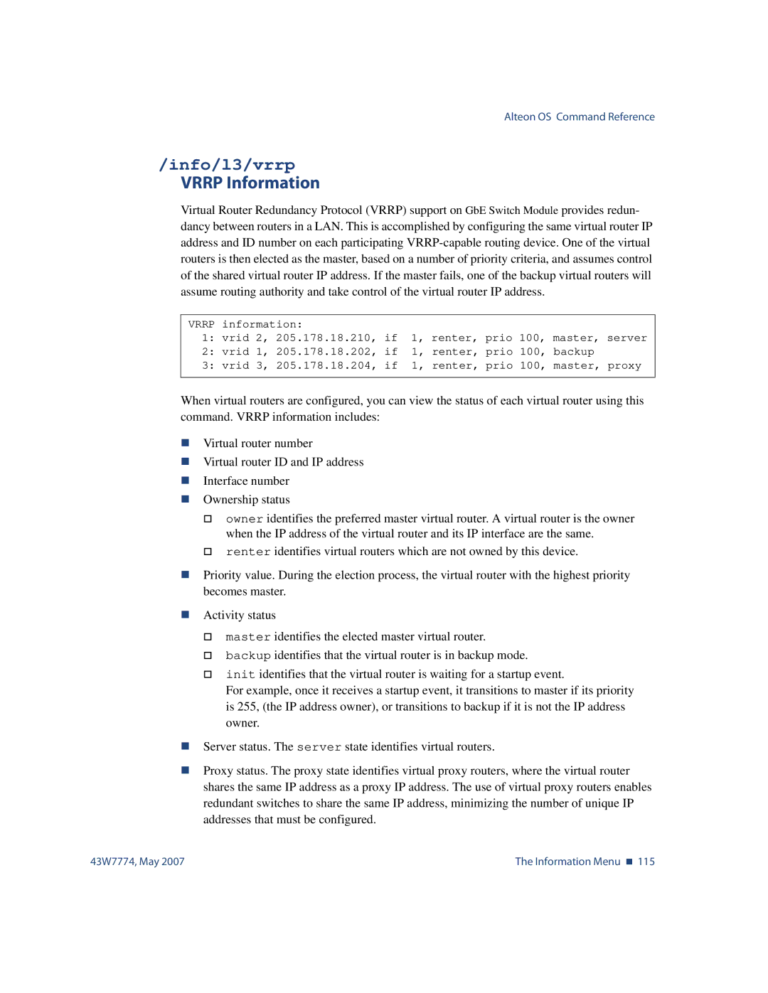 Nortel Networks 43W7774 manual Info/l3/vrrp, Vrrp Information 