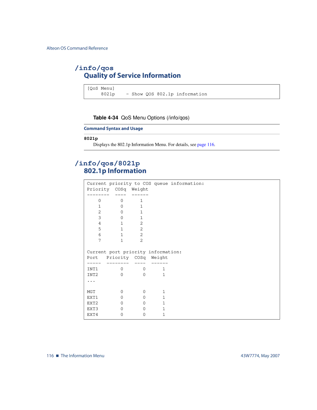 Nortel Networks 43W7774 manual Quality of Service Information, Info/qos/8021p, 802.1p Information 