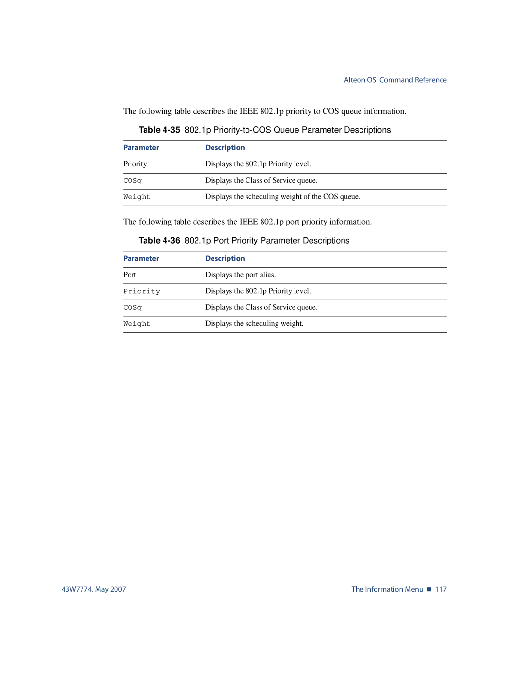 Nortel Networks 43W7774 manual 35802.1p Priority-to-COS Queue Parameter Descriptions 