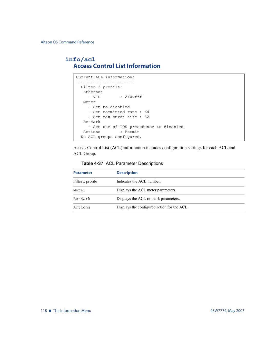 Nortel Networks 43W7774 manual Info/acl, Access Control List Information, 37ACL Parameter Descriptions 