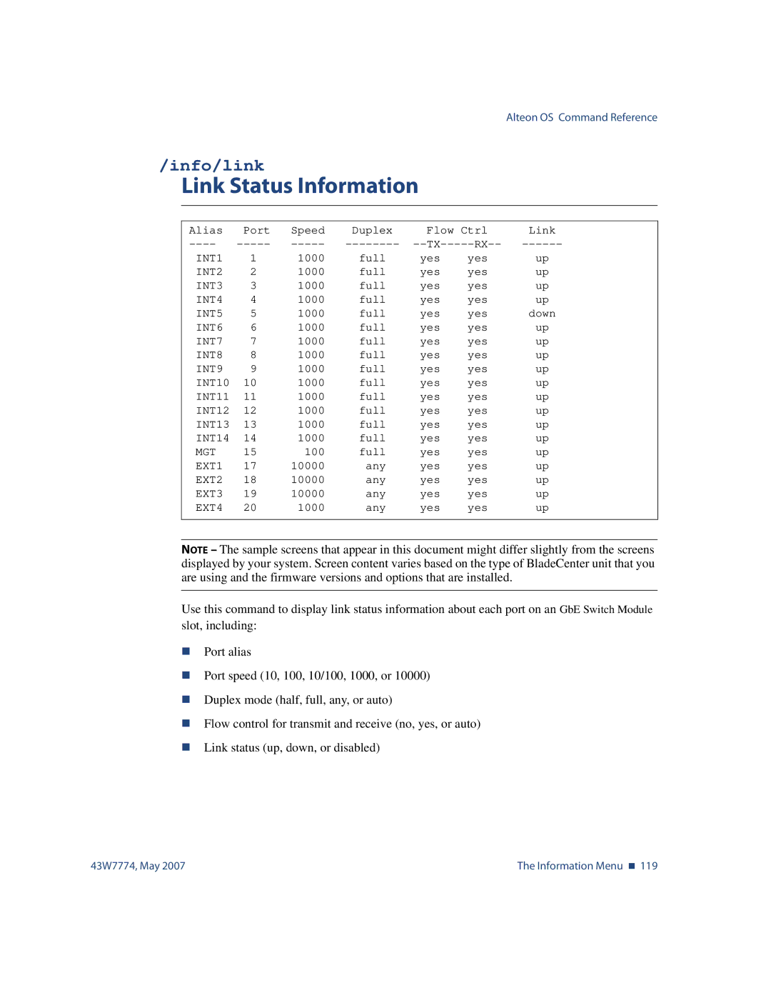 Nortel Networks 43W7774 manual Link Status Information, Info/link 