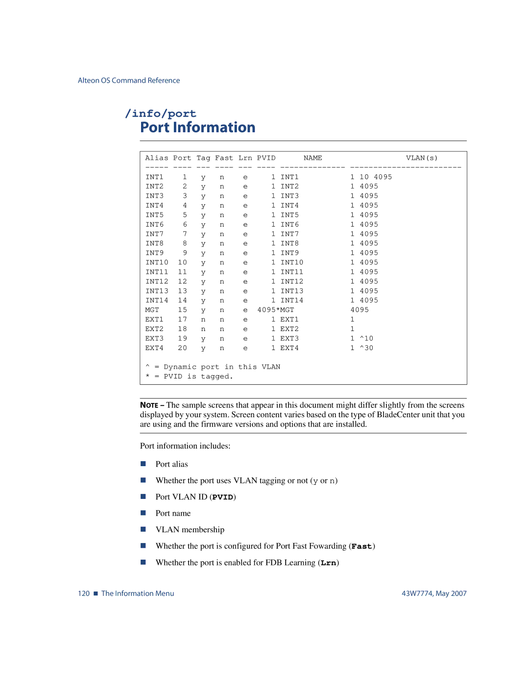 Nortel Networks 43W7774 manual Port Information, Info/port 