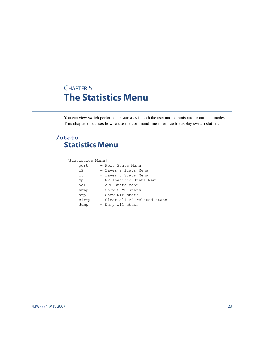 Nortel Networks 43W7774 manual Statistics Menu, Stats 