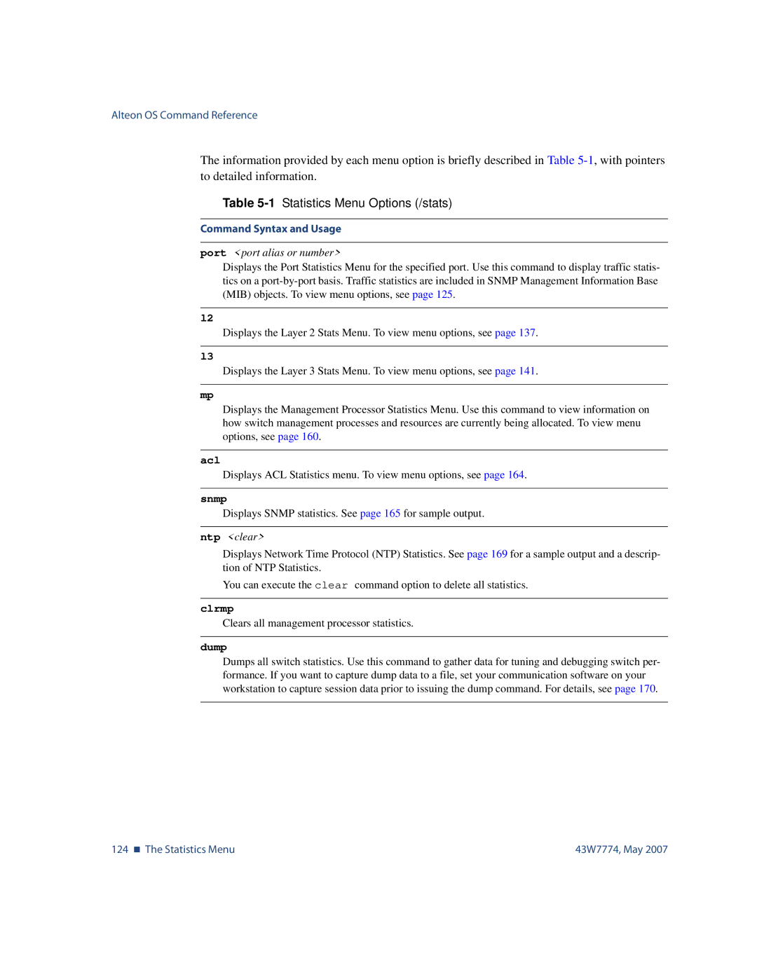 Nortel Networks 43W7774 manual 1Statistics Menu Options /stats, Snmp, Ntp clear, Clrmp 