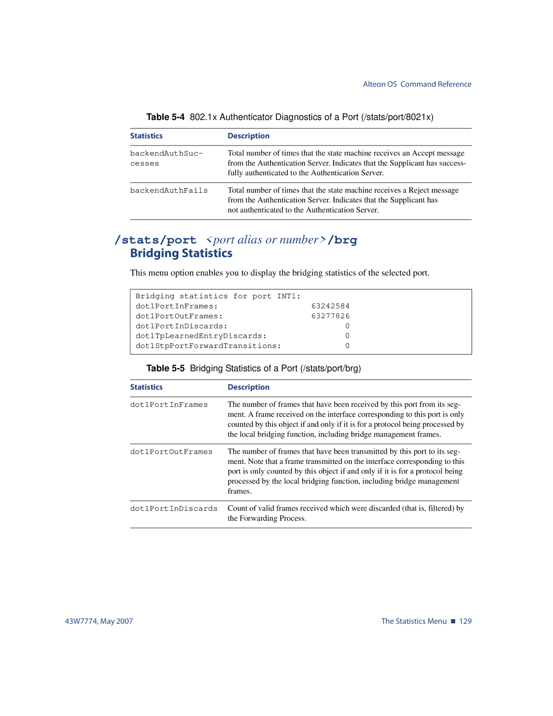 Nortel Networks 43W7774 manual 5Bridging Statistics of a Port /stats/port/brg 