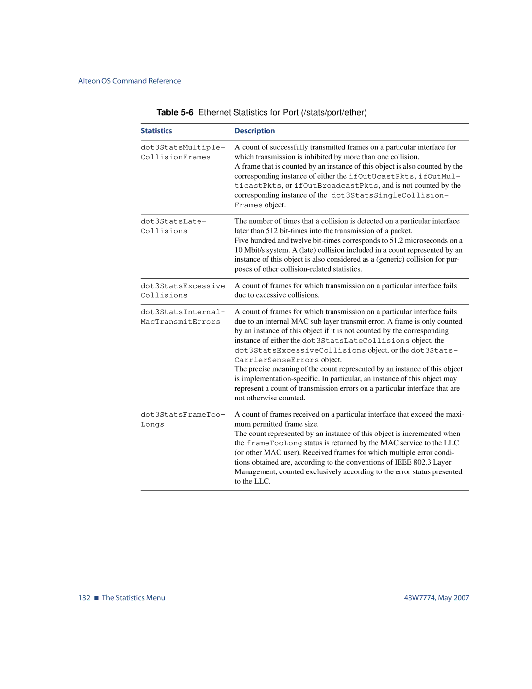 Nortel Networks 43W7774 manual 132 „ The Statistics Menu 