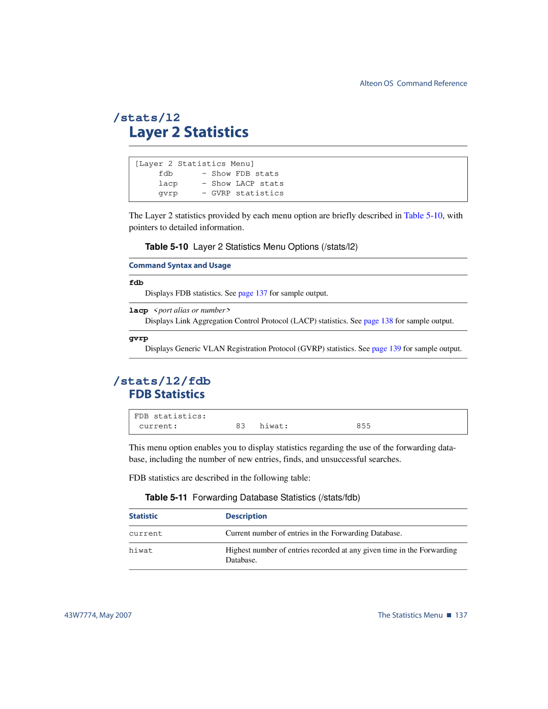 Nortel Networks 43W7774 manual Layer 2 Statistics, Stats/l2/fdb, FDB Statistics 