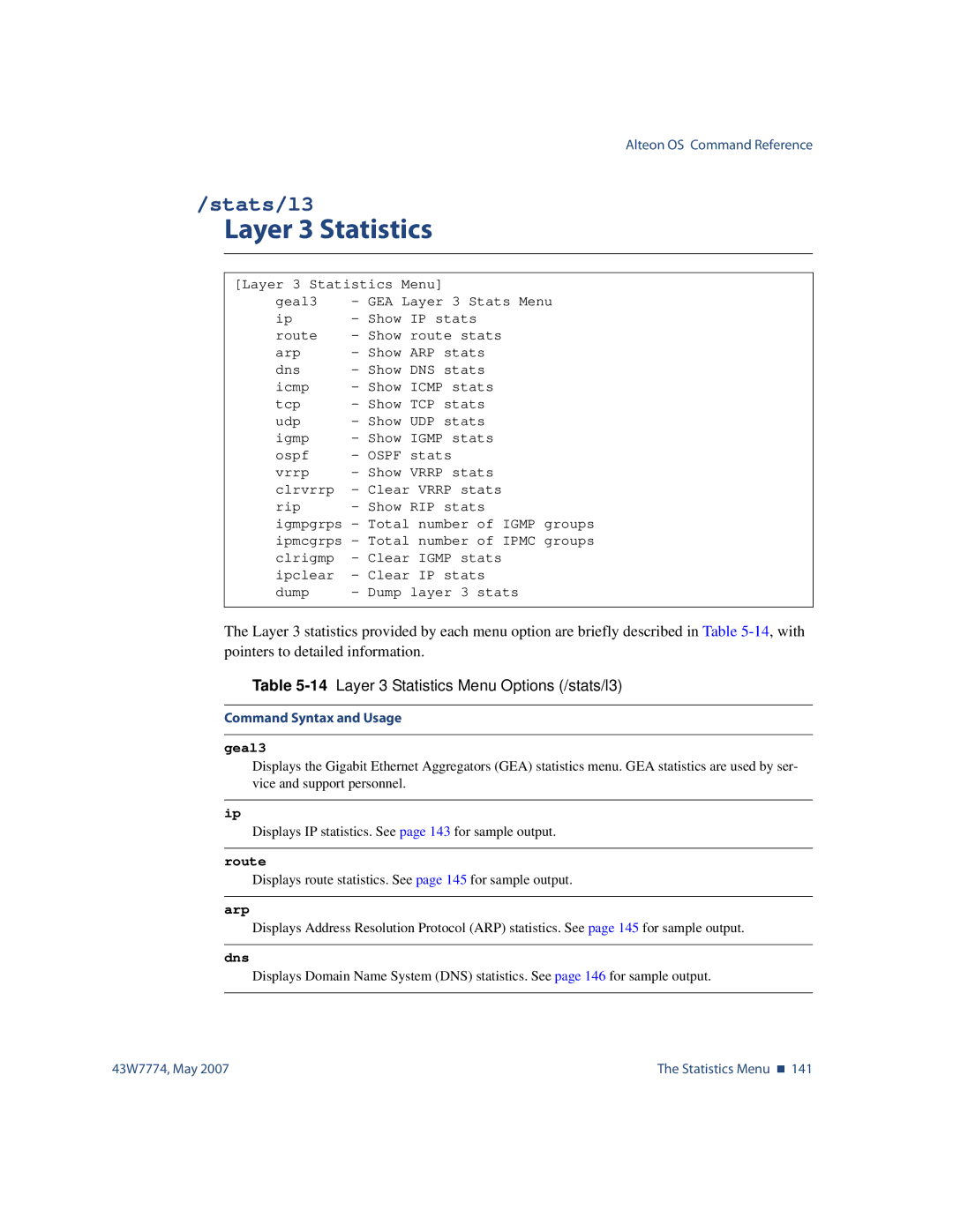 Nortel Networks 43W7774 manual Stats/l3, 14Layer 3 Statistics Menu Options /stats/l3, Geal3, Dns 