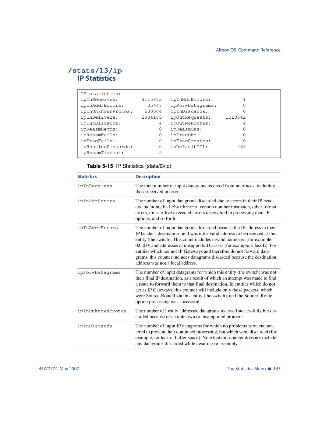 Nortel Networks 43W7774 manual Stats/l3/ip, 15IP Statistics stats/l3/ip 