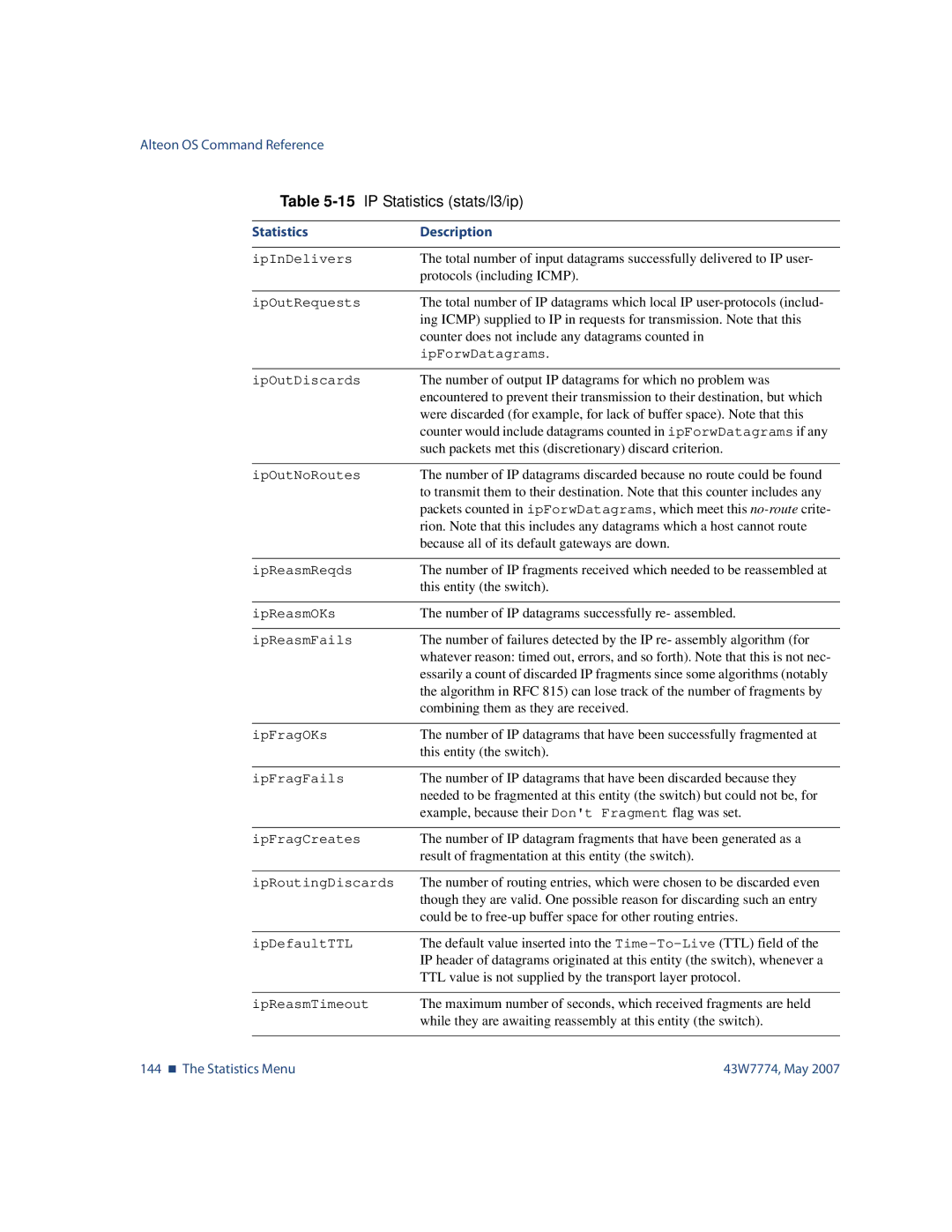 Nortel Networks 43W7774 manual 144 „ The Statistics Menu 