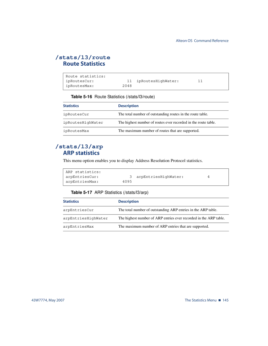 Nortel Networks 43W7774 manual Stats/l3/route, Route Statistics, Stats/l3/arp, ARP statistics 