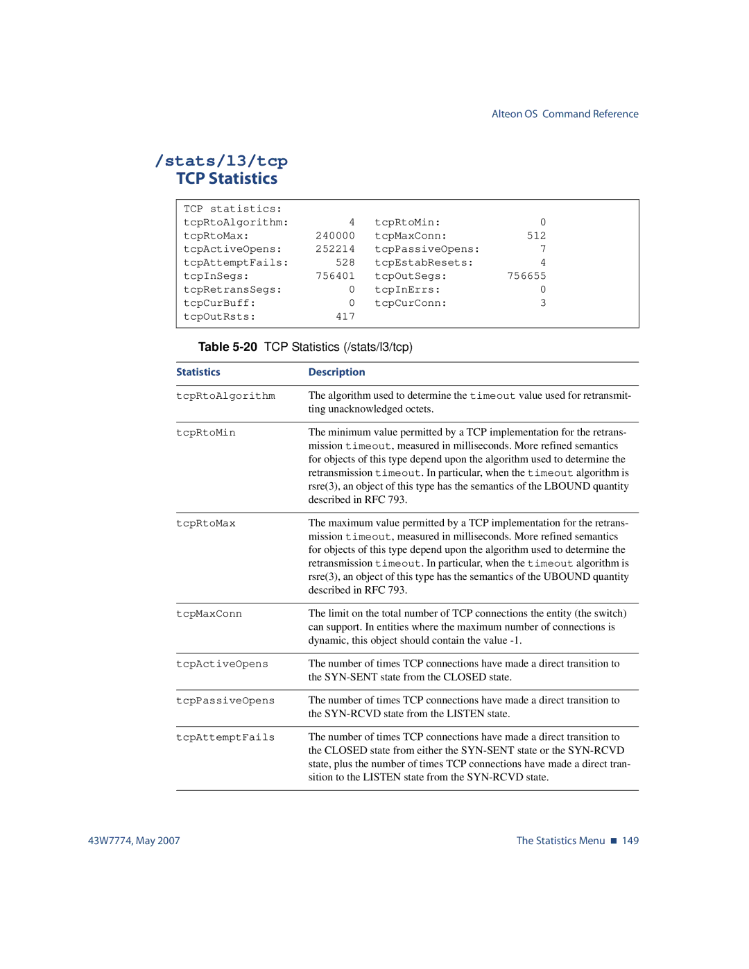 Nortel Networks 43W7774 manual Stats/l3/tcp, 20TCP Statistics /stats/l3/tcp 