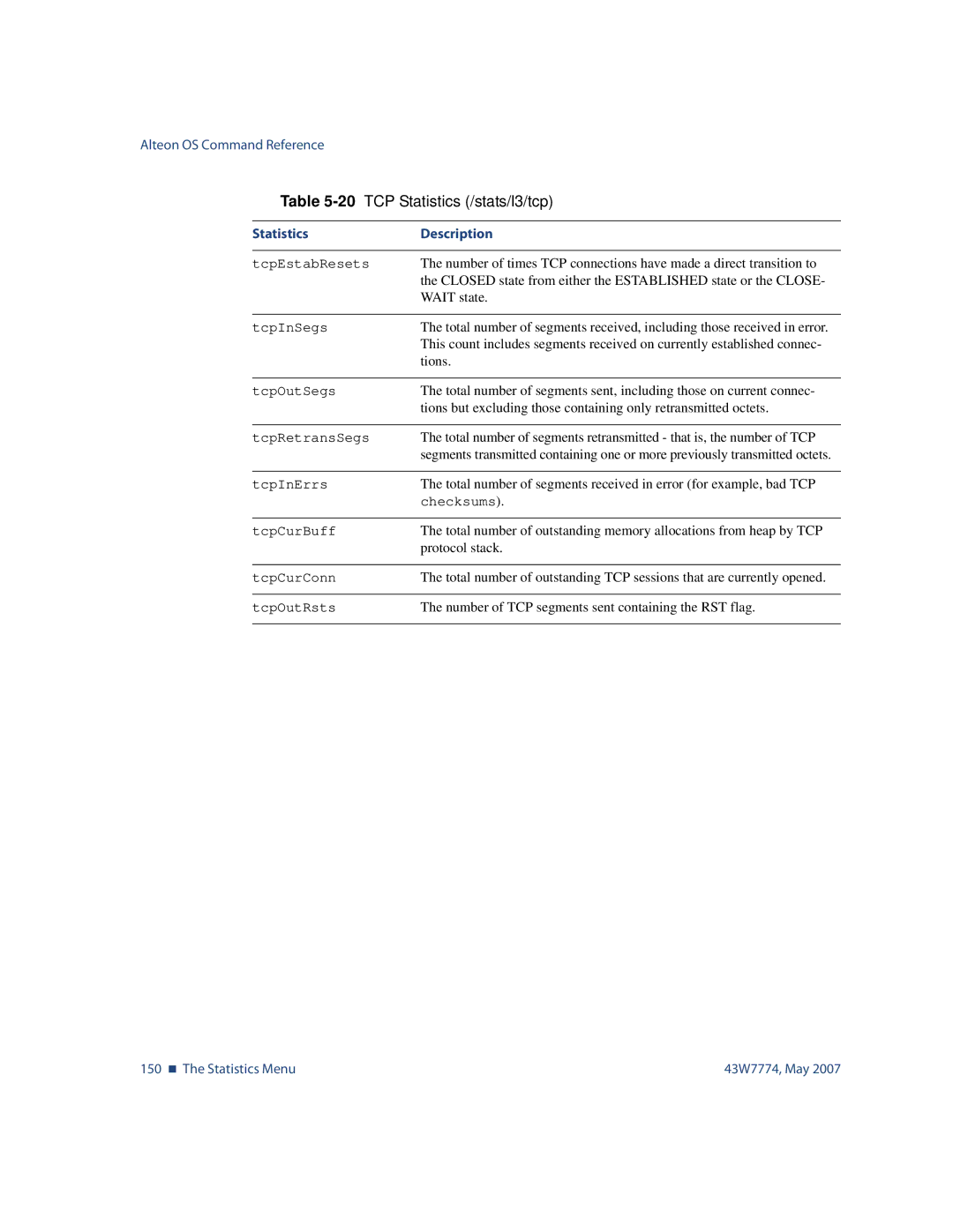 Nortel Networks 43W7774 manual 150 „ The Statistics Menu 