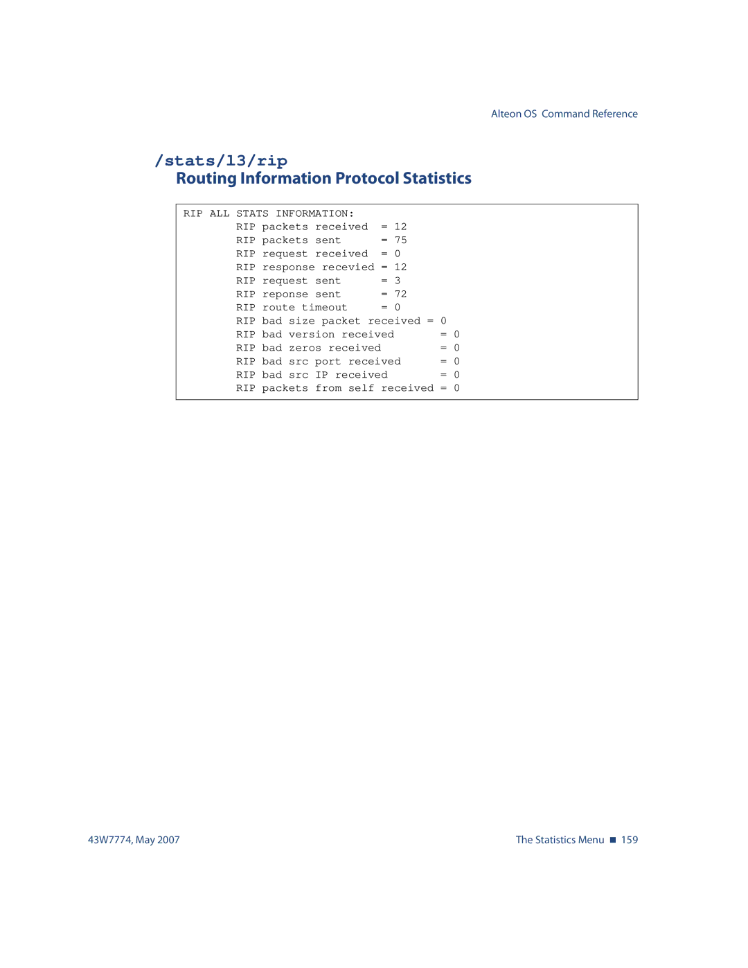 Nortel Networks 43W7774 manual Stats/l3/rip, Routing Information Protocol Statistics 