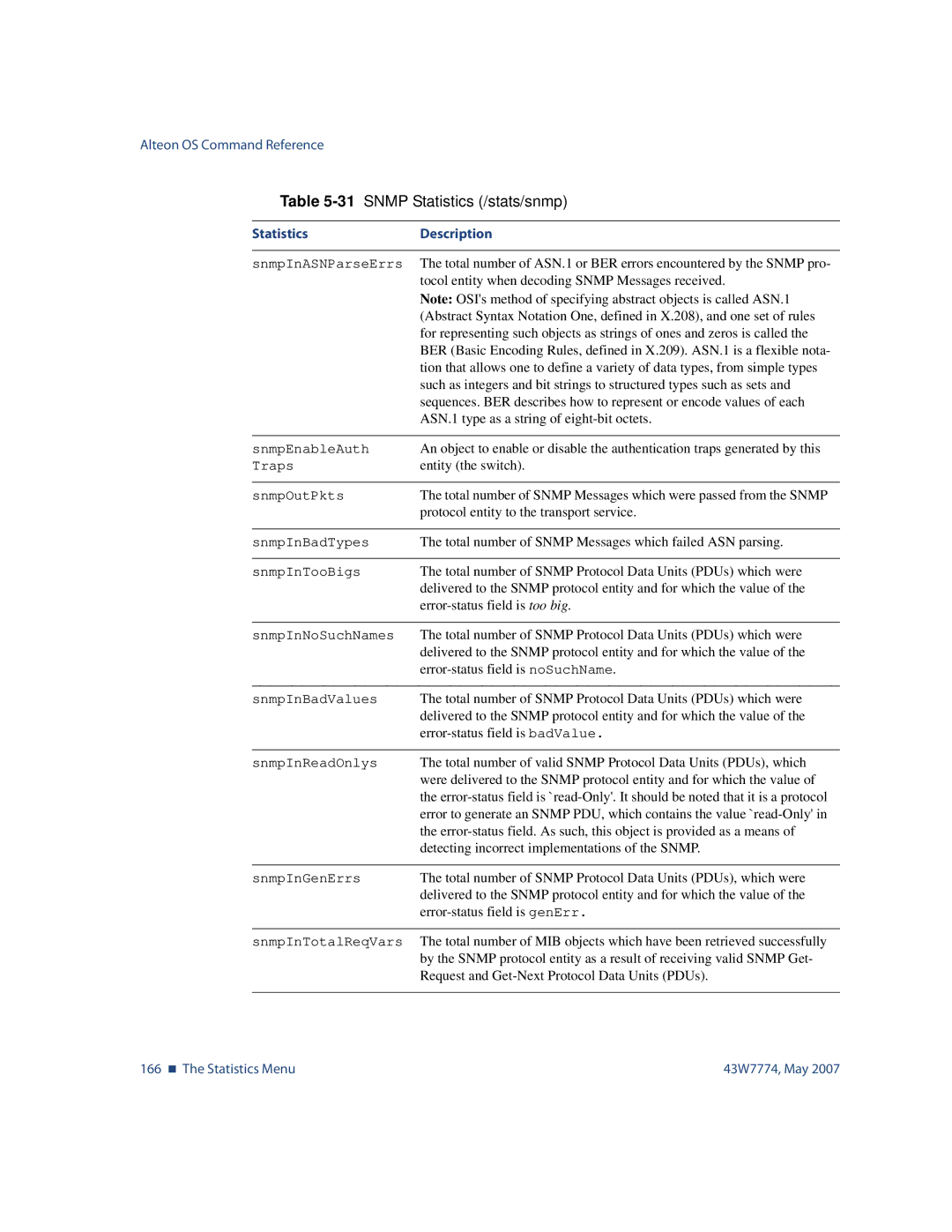 Nortel Networks 43W7774 manual 166 „ The Statistics Menu 