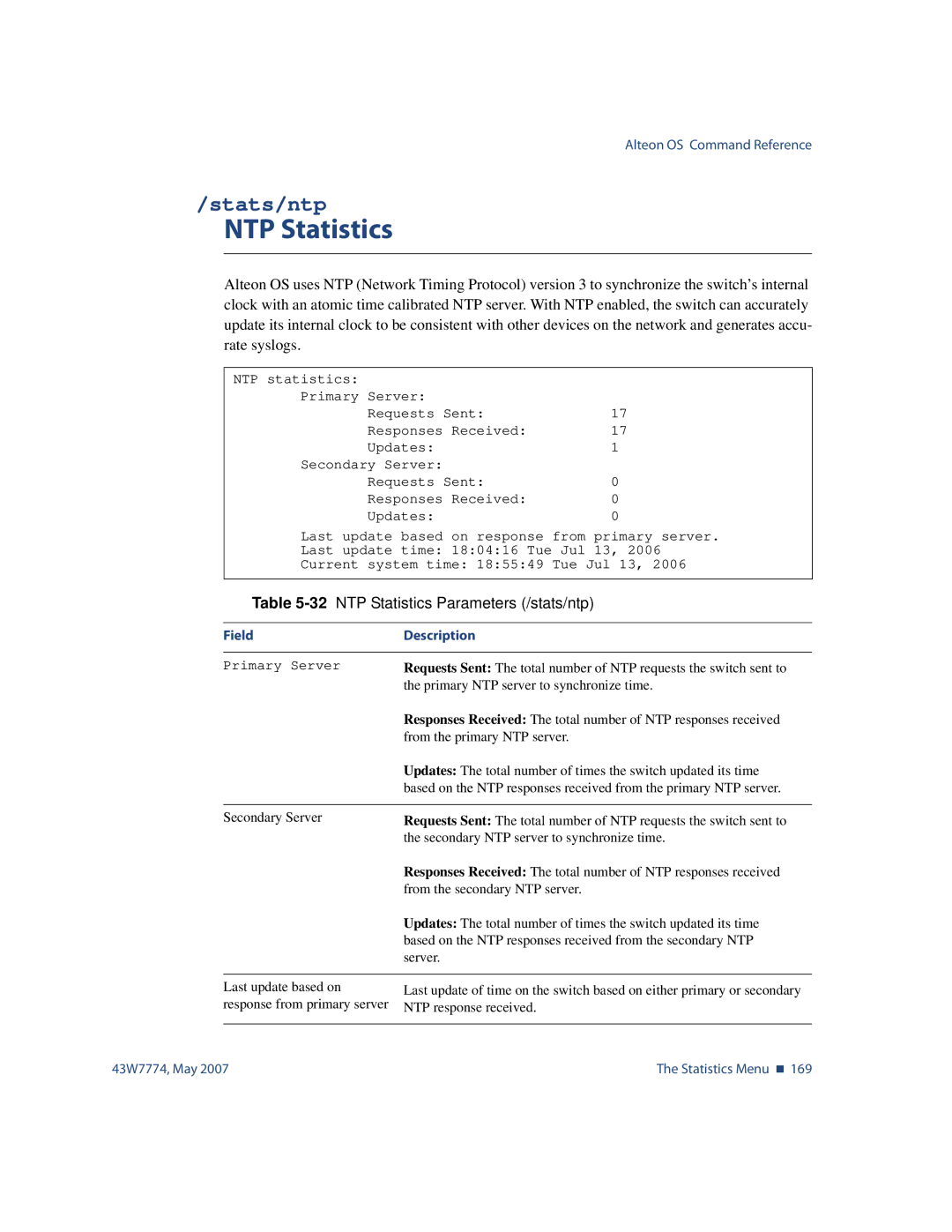 Nortel Networks 43W7774 manual Stats/ntp, 32NTP Statistics Parameters /stats/ntp 