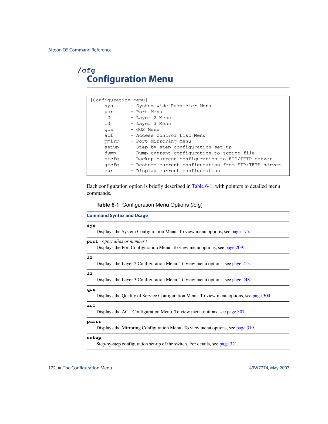 Nortel Networks 43W7774 manual Cfg, 1Configuration Menu Options /cfg, Pmirr, Setup 