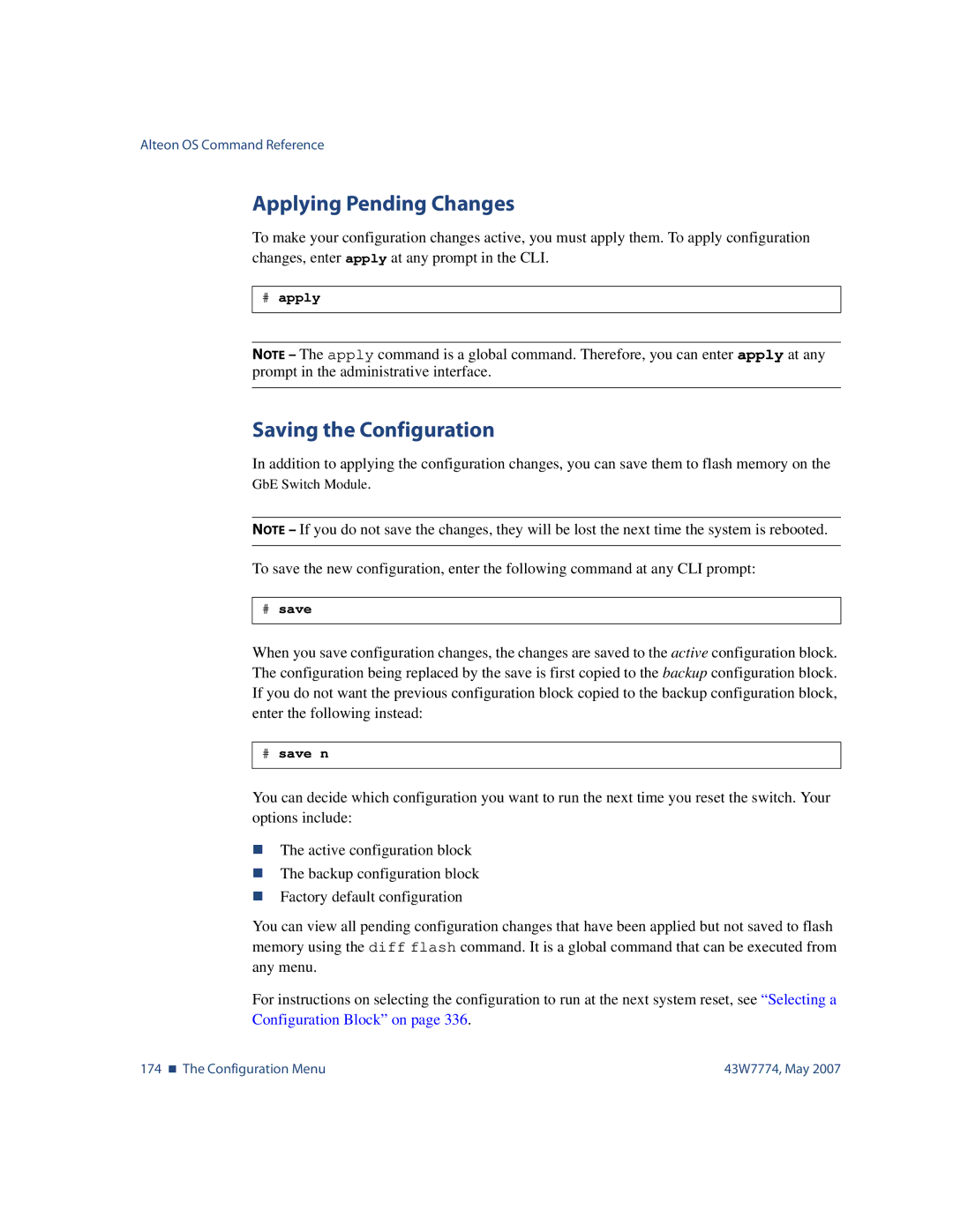 Nortel Networks 43W7774 manual Applying Pending Changes, Saving the Configuration, # apply, # save n 