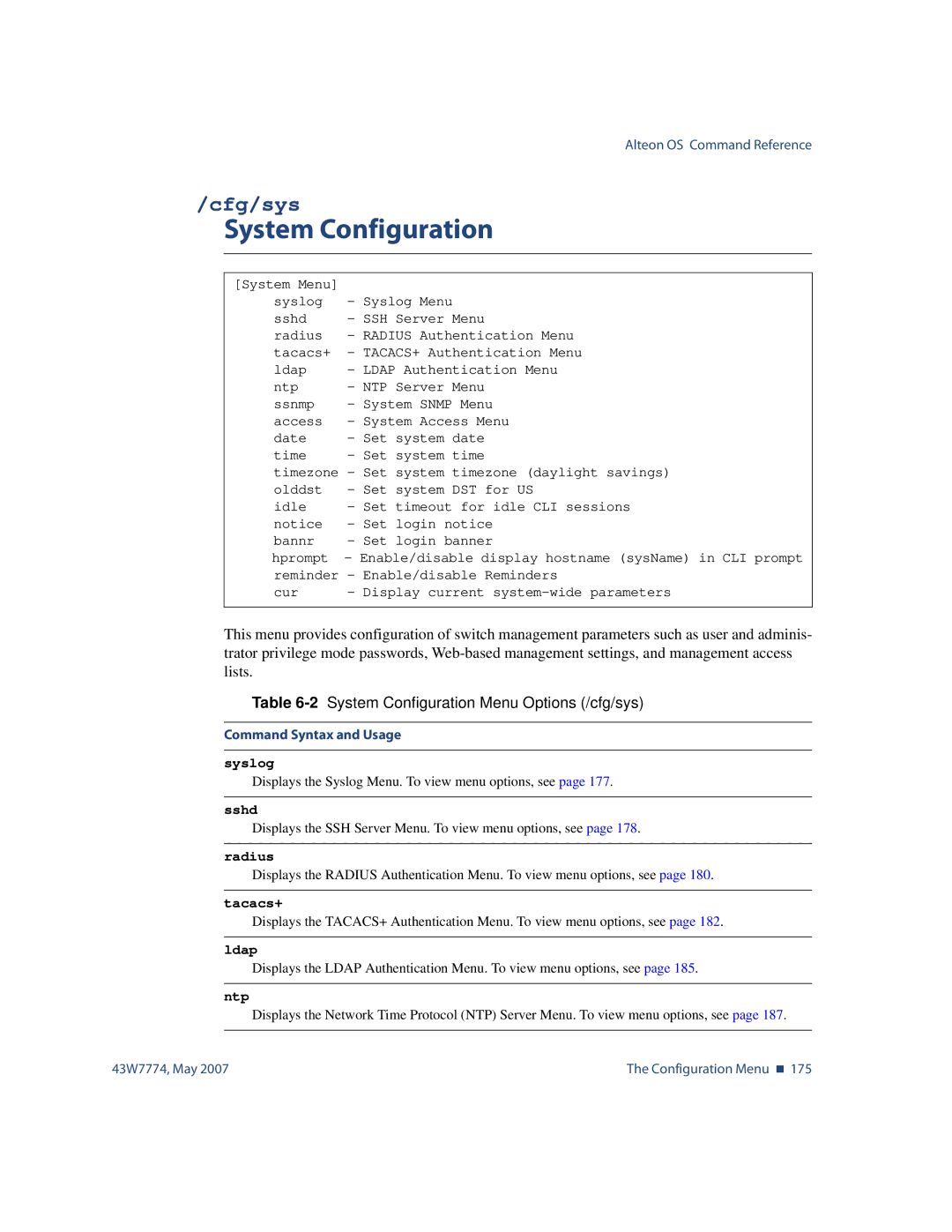 Nortel Networks 43W7774 manual Cfg/sys, 2System Configuration Menu Options /cfg/sys 