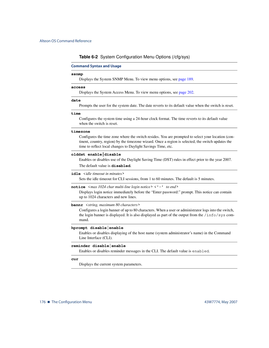 Nortel Networks 43W7774 Ssnmp, Date, Timezone, Olddst enabledisable, Hprompt disableenable, Reminder disableenable 