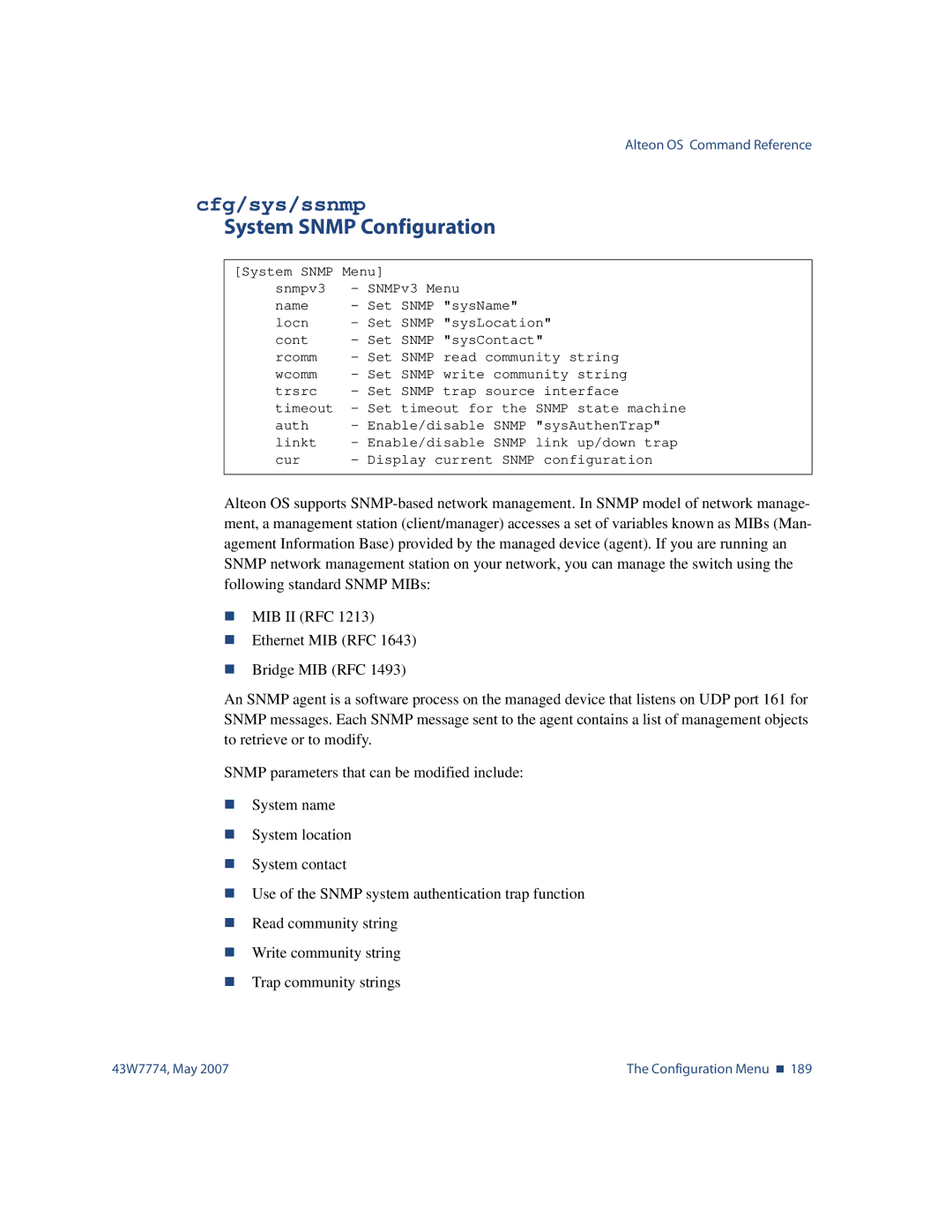 Nortel Networks 43W7774 manual Cfg/sys/ssnmp, System Snmp Configuration 