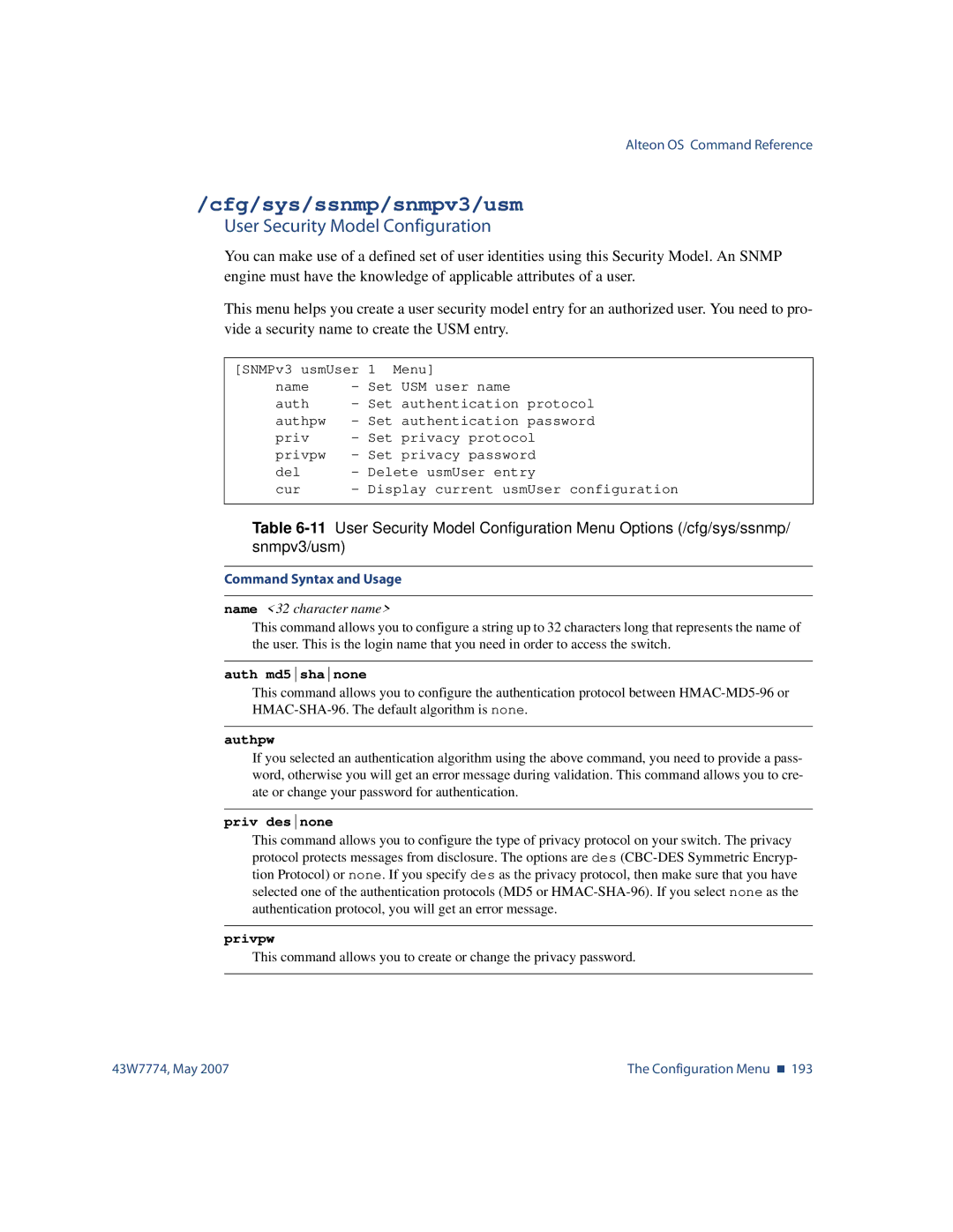 Nortel Networks 43W7774 manual Cfg/sys/ssnmp/snmpv3/usm, User Security Model Configuration 