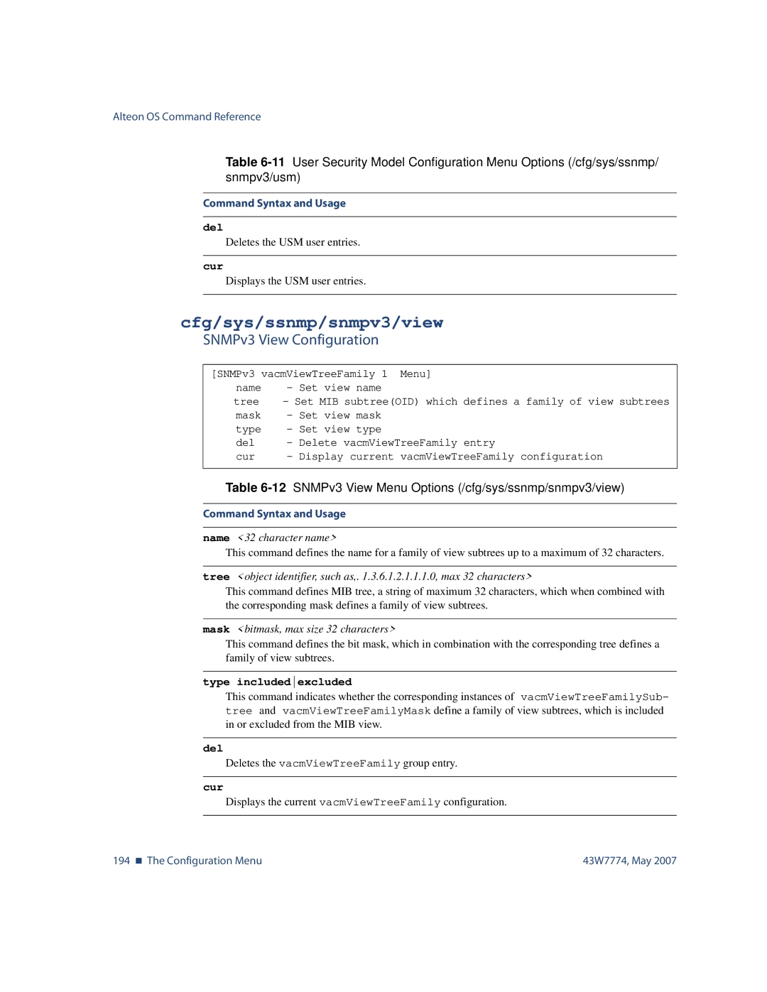 Nortel Networks 43W7774 manual Cfg/sys/ssnmp/snmpv3/view, SNMPv3 View Configuration, Del, Type includedexcluded 