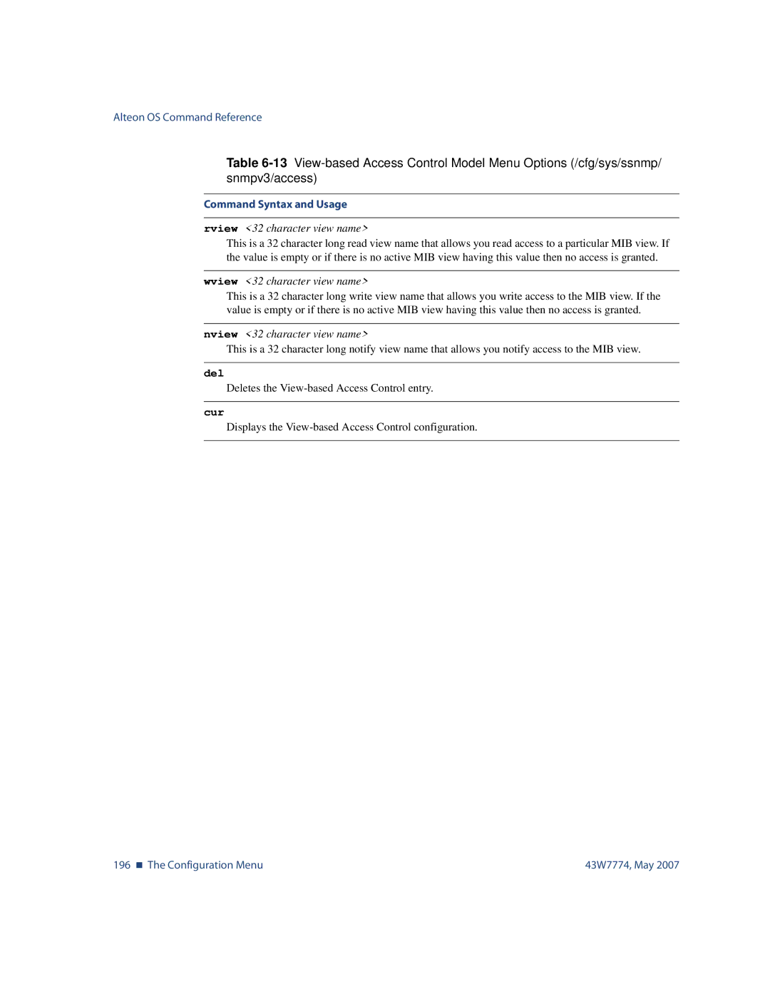 Nortel Networks 43W7774 manual Rview 32 character view name, Wview 32 character view name, Nview 32 character view name 