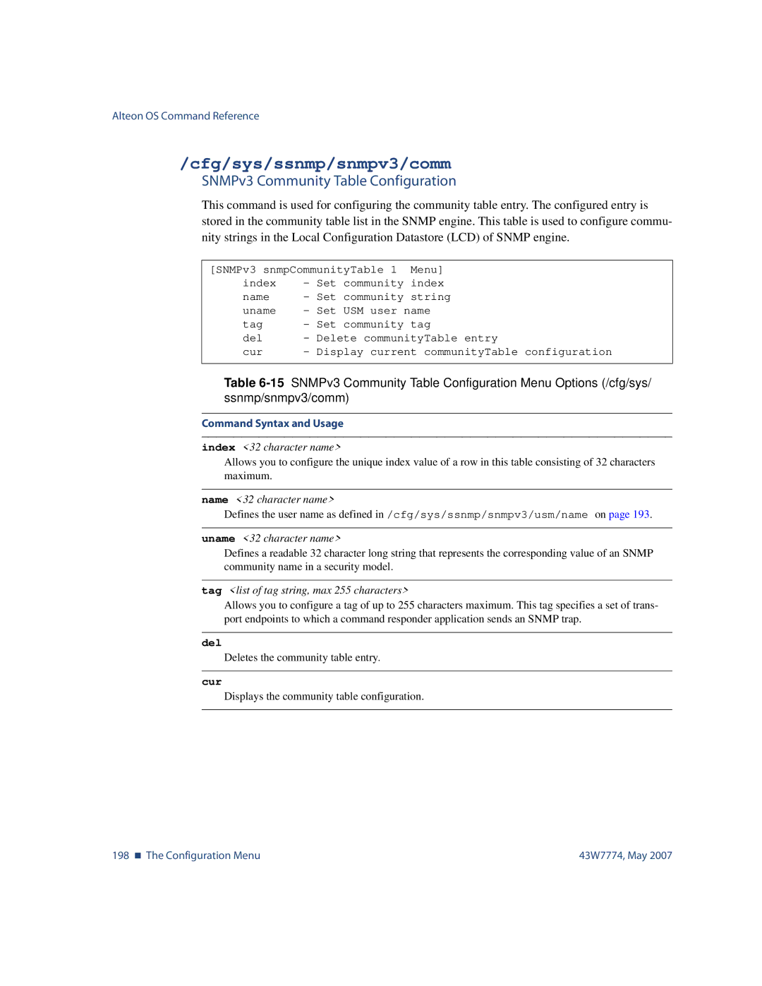 Nortel Networks 43W7774 manual Cfg/sys/ssnmp/snmpv3/comm, SNMPv3 Community Table Configuration, Index 32 character name 