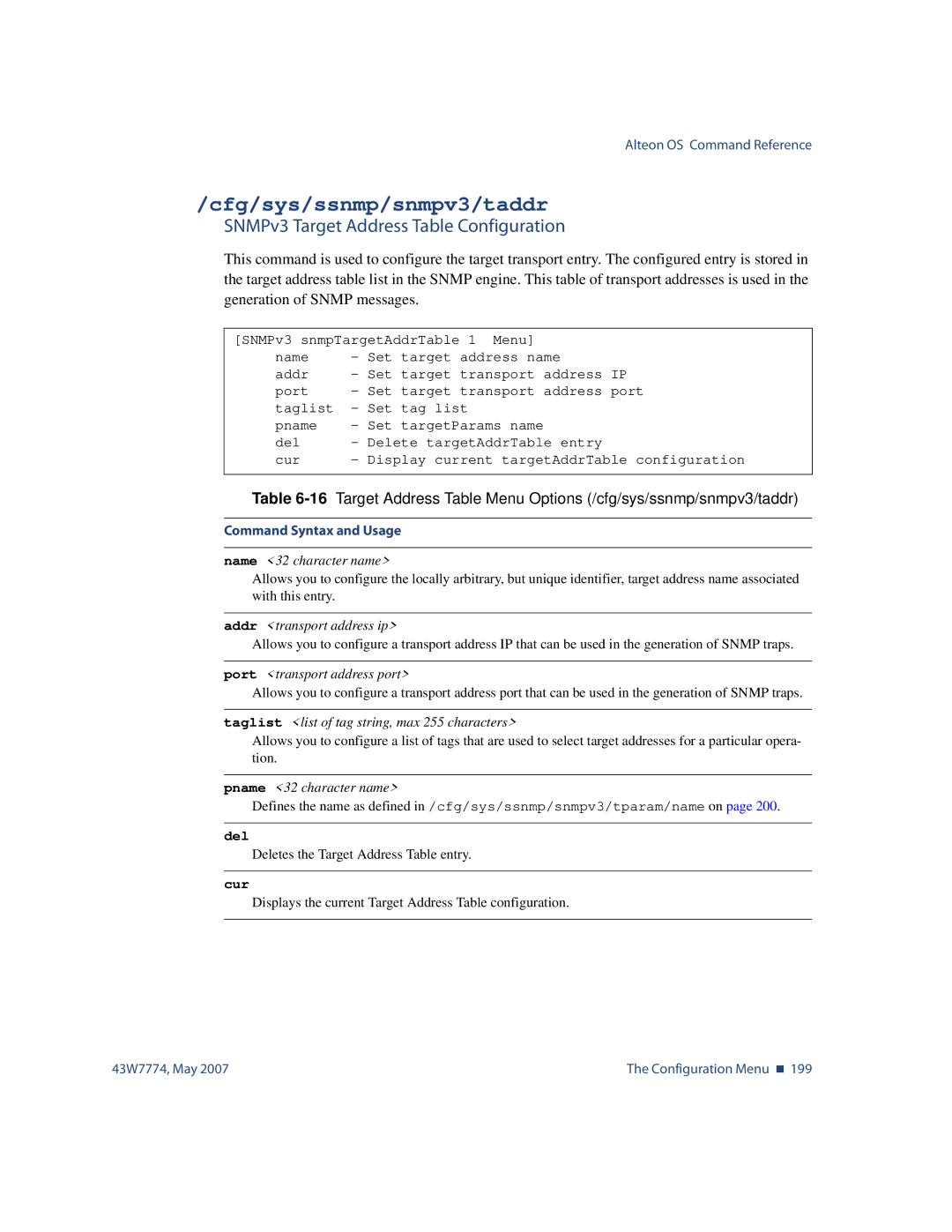 Nortel Networks 43W7774 manual Cfg/sys/ssnmp/snmpv3/taddr, SNMPv3 Target Address Table Configuration 