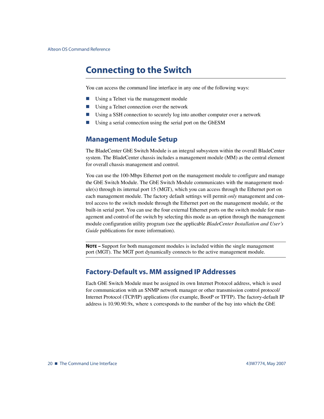 Nortel Networks 43W7774 Connecting to the Switch, Management Module Setup, Factory-Default vs. MM assigned IP Addresses 