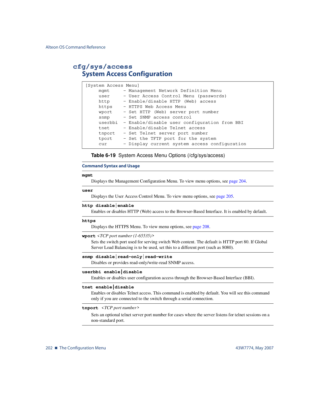 Nortel Networks 43W7774 manual Cfg/sys/access, System Access Configuration, 19System Access Menu Options /cfg/sys/access 