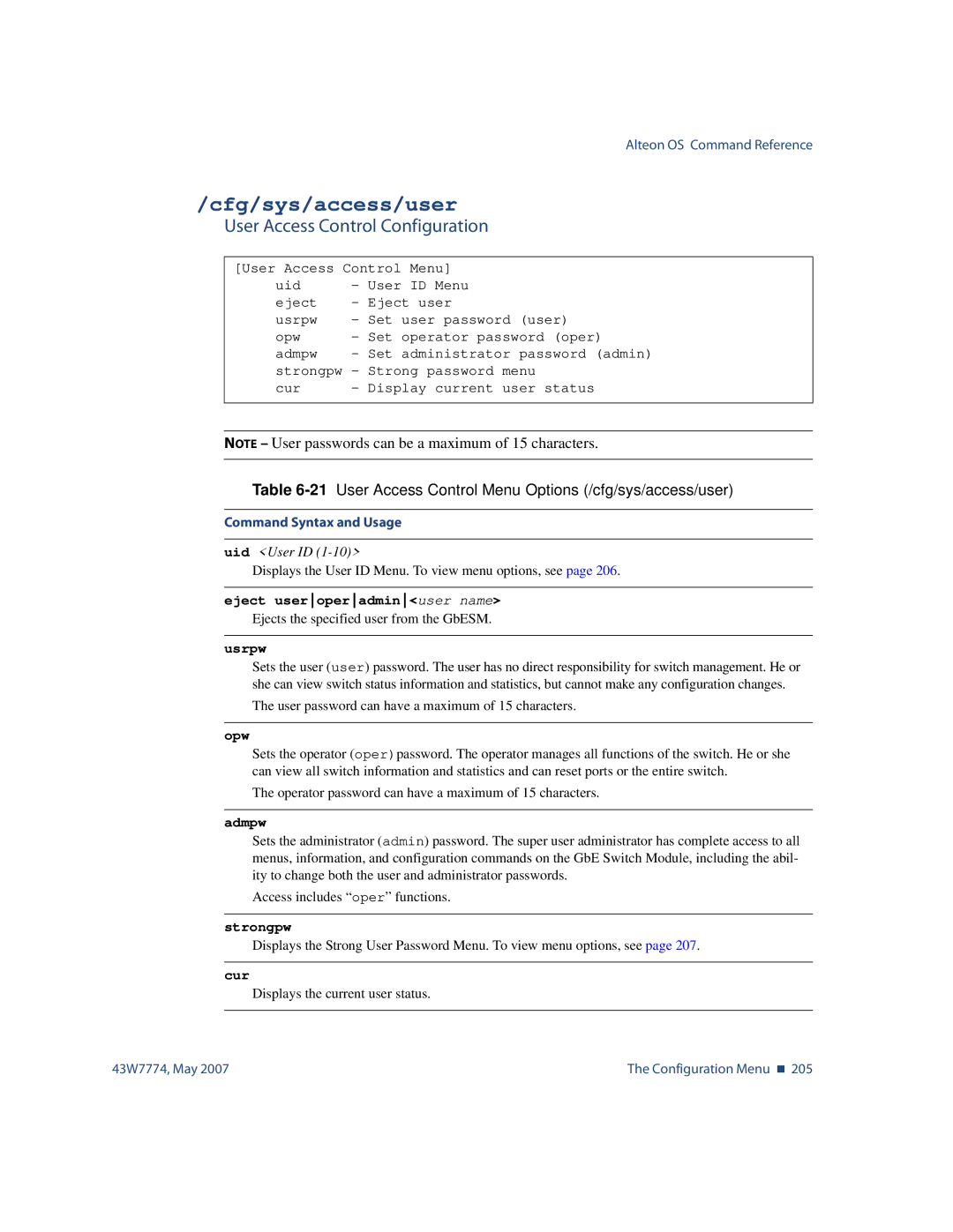 Nortel Networks 43W7774 manual Cfg/sys/access/user, User Access Control Configuration 