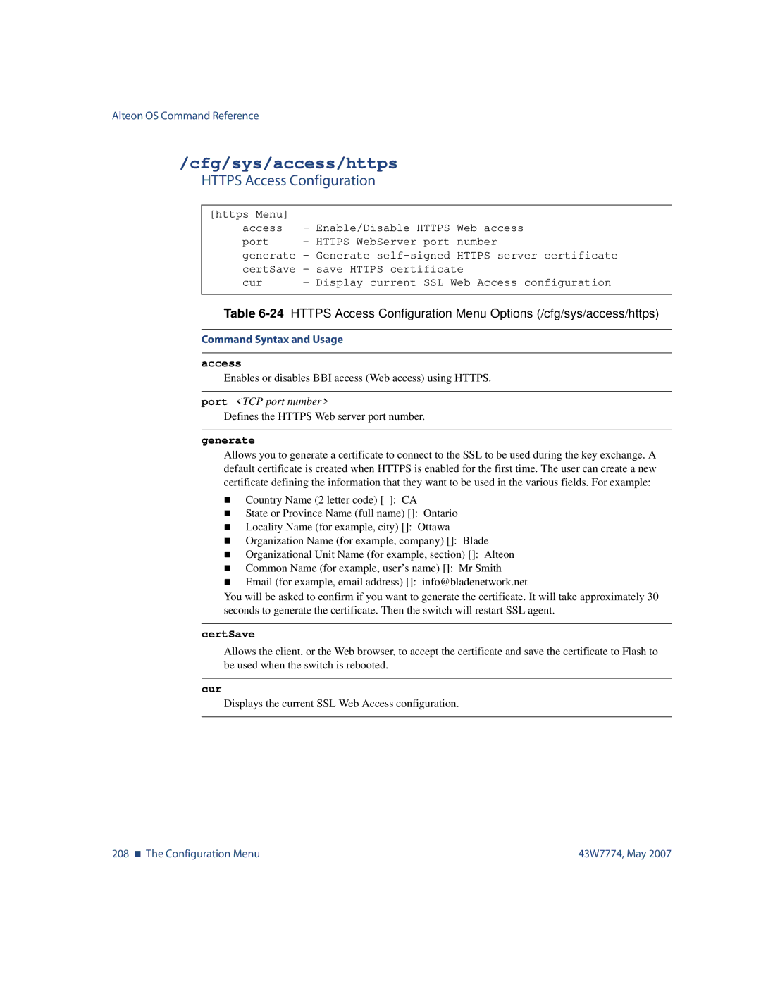 Nortel Networks 43W7774 manual Cfg/sys/access/https, Https Access Configuration, Port TCP port number, Generate, CertSave 