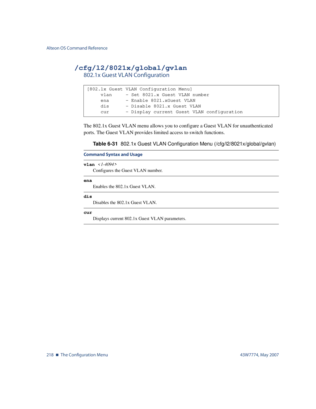 Nortel Networks 43W7774 manual Cfg/l2/8021x/global/gvlan, 802.1x Guest Vlan Configuration 