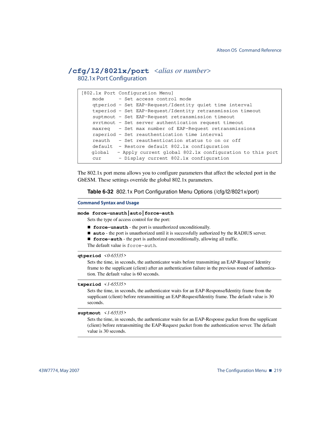 Nortel Networks 43W7774 manual Cfg/l2/8021x/port alias or number, 802.1x Port Configuration 