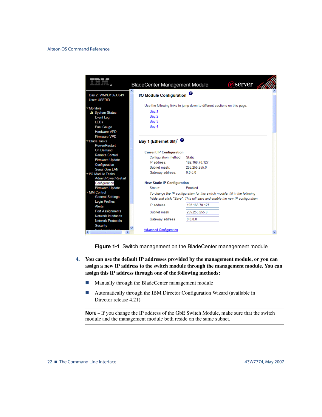 Nortel Networks 43W7774 manual 1Switch management on the BladeCenter management module 