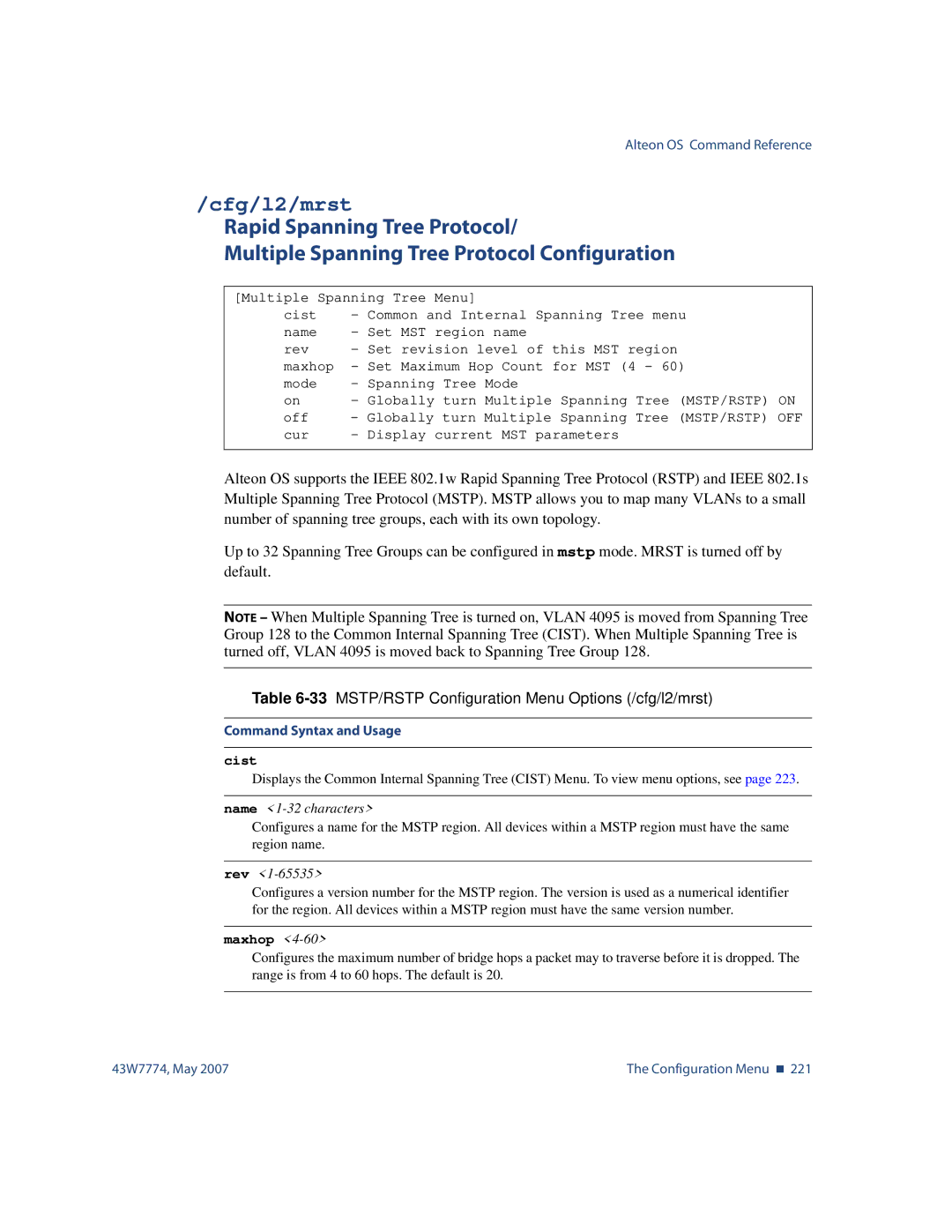 Nortel Networks 43W7774 manual Cfg/l2/mrst, 33MSTP/RSTP Configuration Menu Options /cfg/l2/mrst, Name 1-32 characters, Rev 