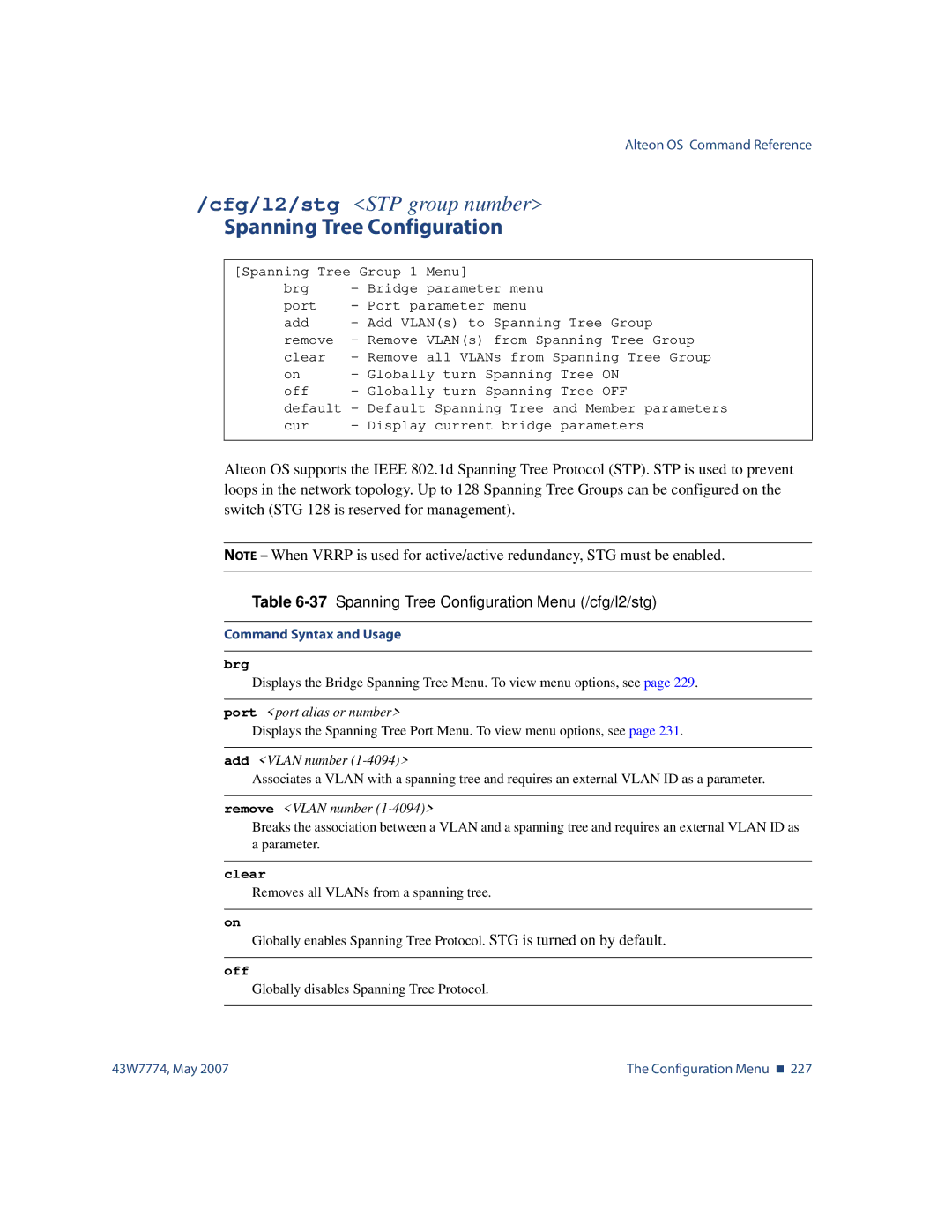 Nortel Networks 43W7774 manual 37Spanning Tree Configuration Menu /cfg/l2/stg, Add Vlan number, Remove Vlan number 