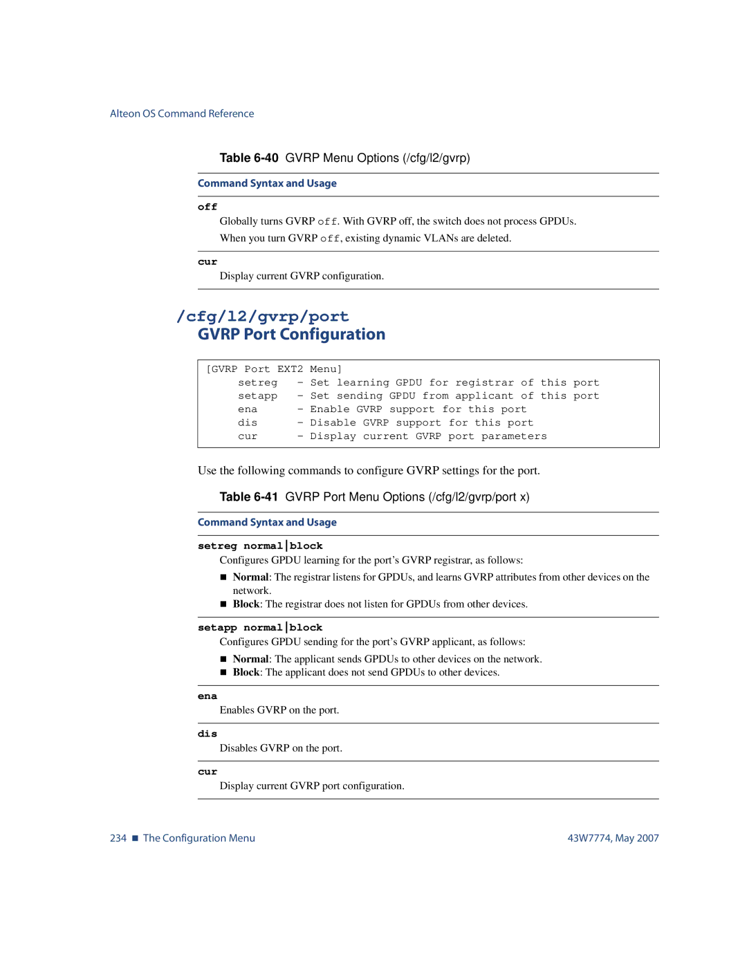 Nortel Networks 43W7774 manual Cfg/l2/gvrp/port, Gvrp Port Configuration, 41GVRP Port Menu Options /cfg/l2/gvrp/port 