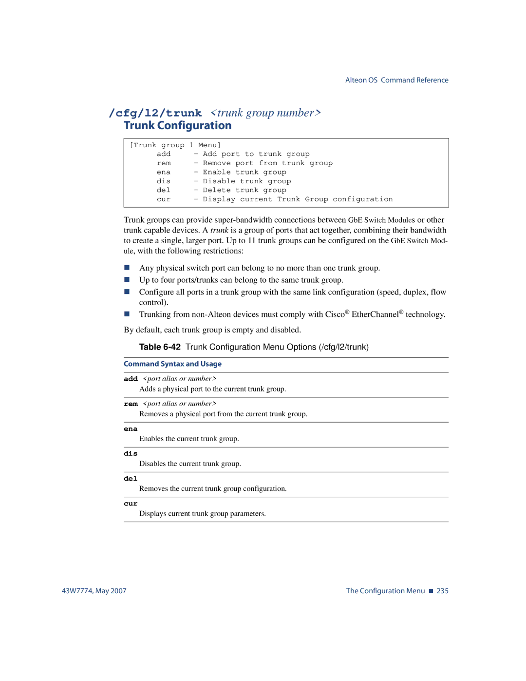 Nortel Networks 43W7774 manual 42Trunk Configuration Menu Options /cfg/l2/trunk, Add port alias or number 