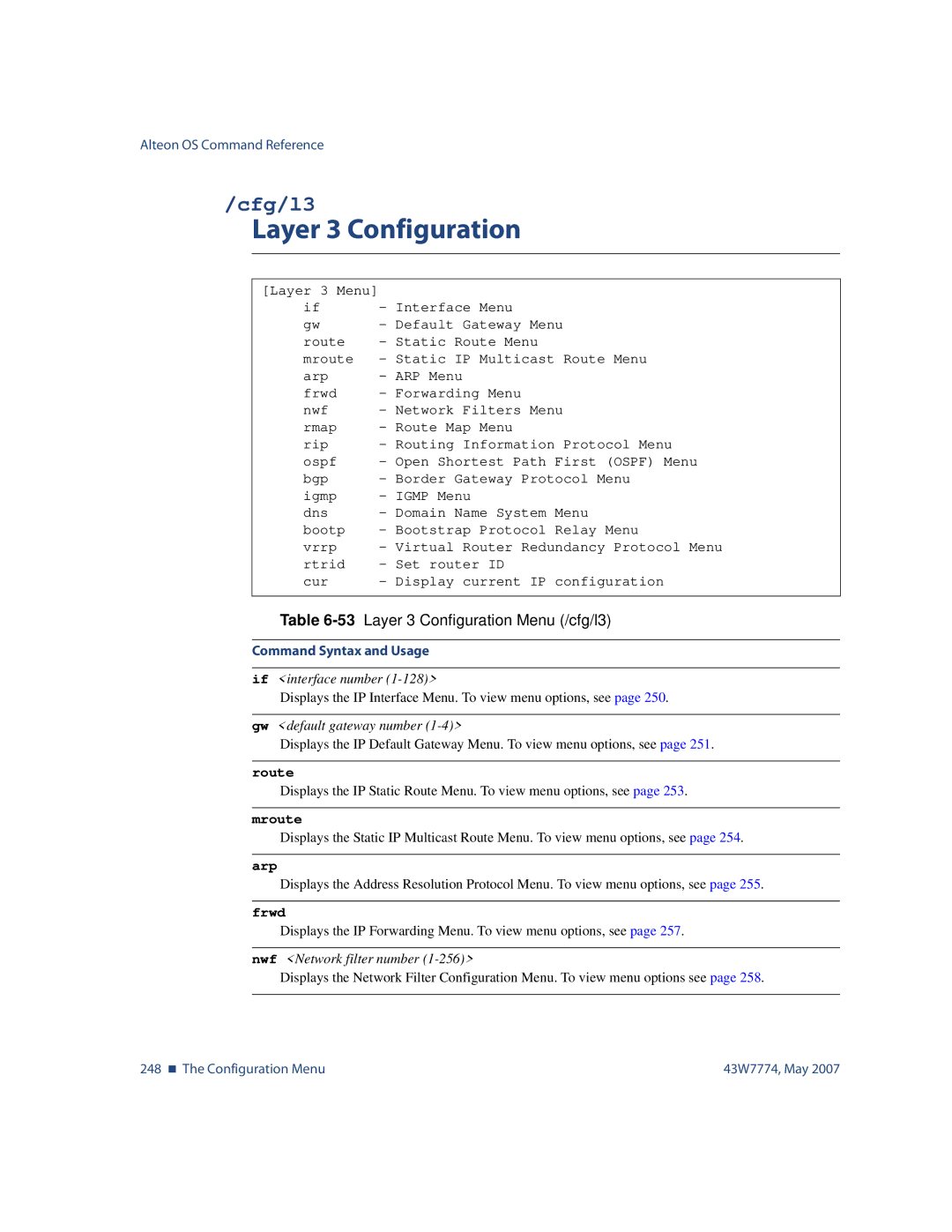 Nortel Networks 43W7774 manual Cfg/l3, 53Layer 3 Configuration Menu /cfg/l3, Mroute, Frwd 