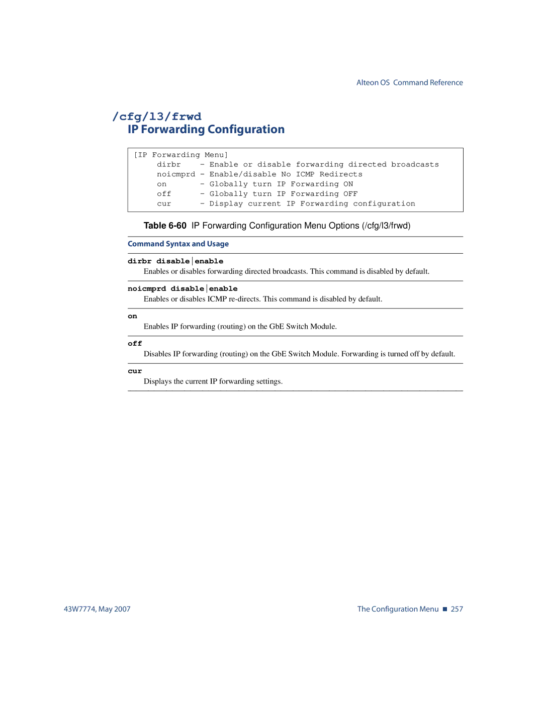 Nortel Networks 43W7774 Cfg/l3/frwd, 60IP Forwarding Configuration Menu Options /cfg/l3/frwd, Dirbr disableenable 