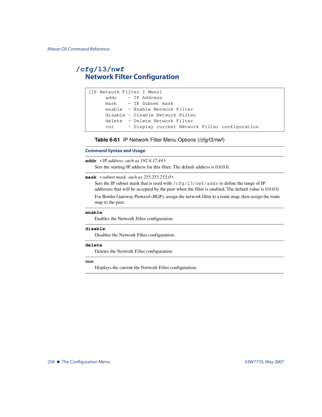 Nortel Networks 43W7774 manual Cfg/l3/nwf, Network Filter Configuration, 61IP Network Filter Menu Options /cfg/l3/nwf 