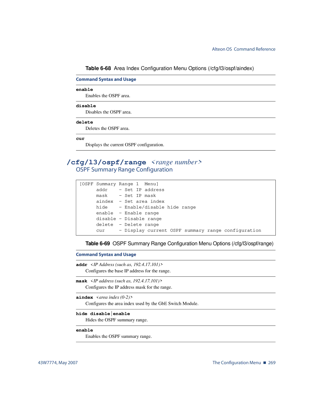 Nortel Networks 43W7774 manual Cfg/l3/ospf/range range number, Ospf Summary Range Configuration, Hide disableenable 