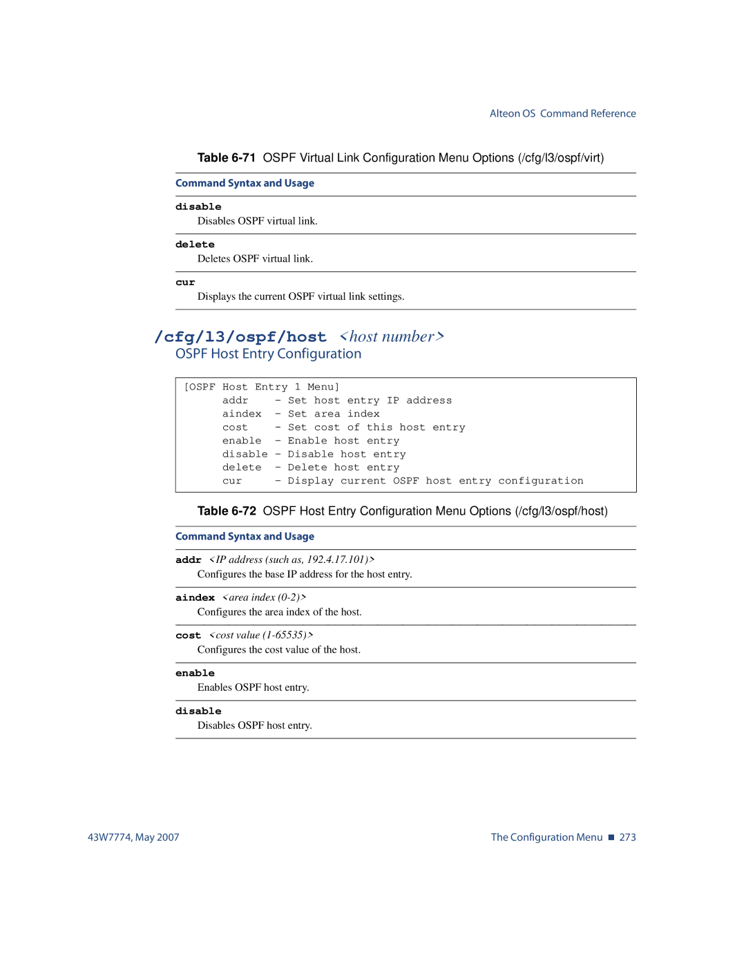 Nortel Networks 43W7774 manual Cfg/l3/ospf/host host number, Ospf Host Entry Configuration 